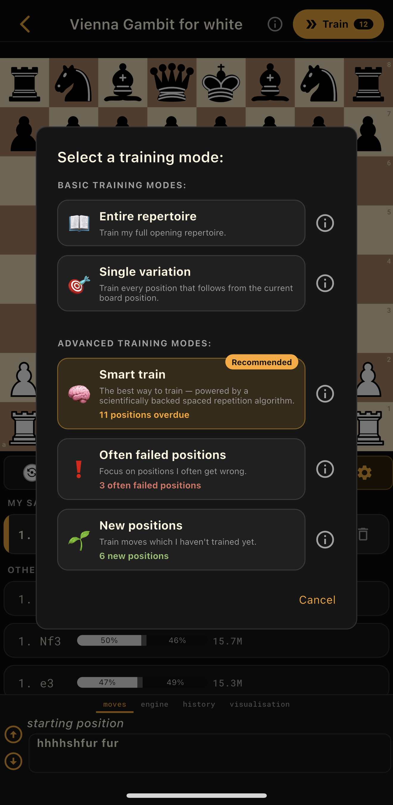 Chess Prep Pro training mode picker with Smart Train recommended and eleven positions overdue