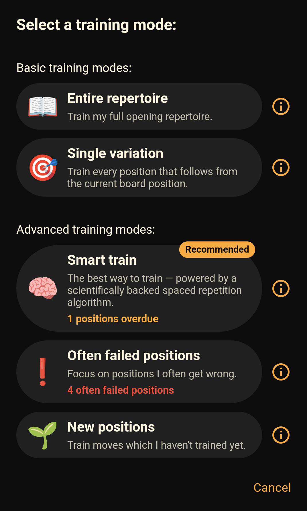 Smart Train spaced repetition chess training modes showing different practice options